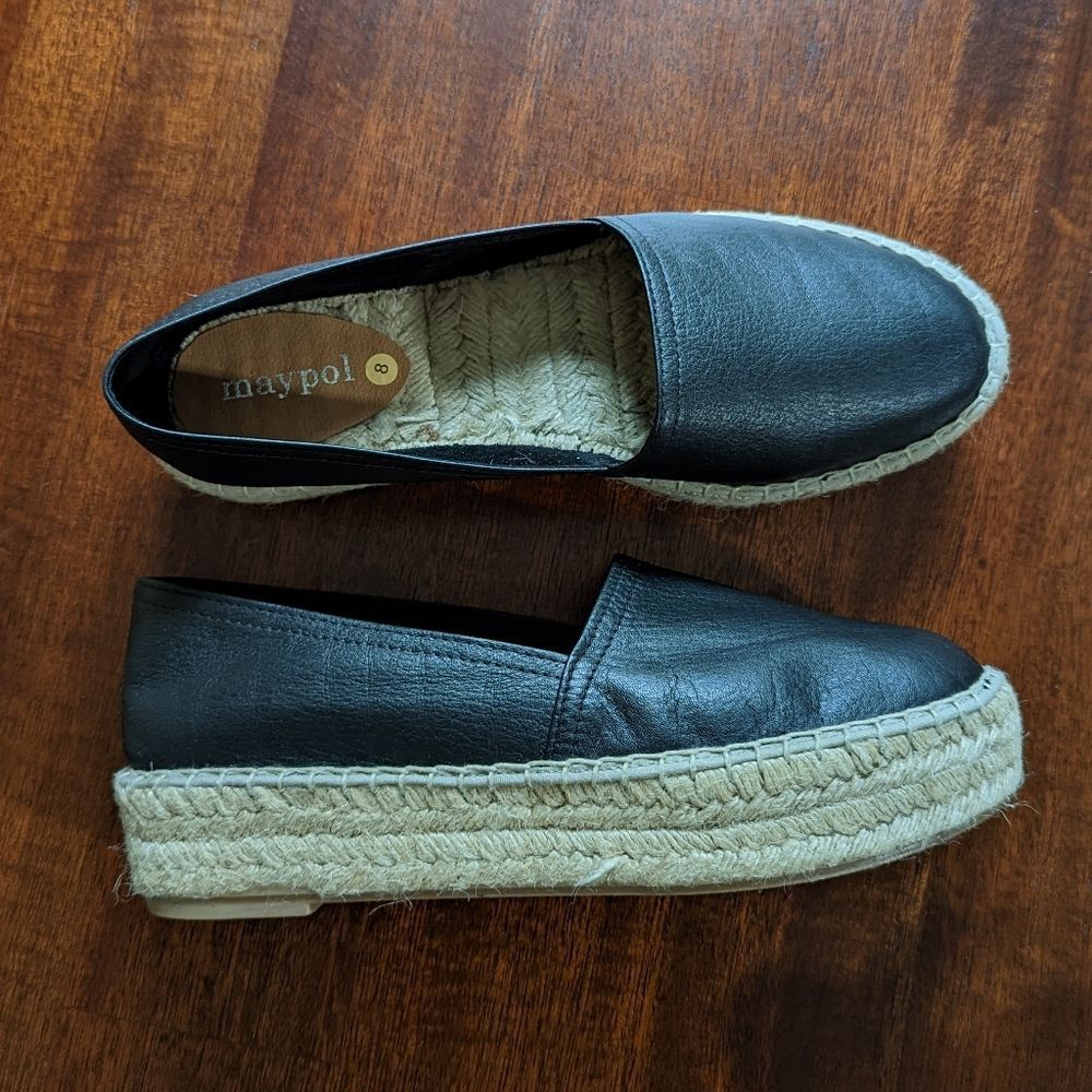 Black leather platform espadrilles